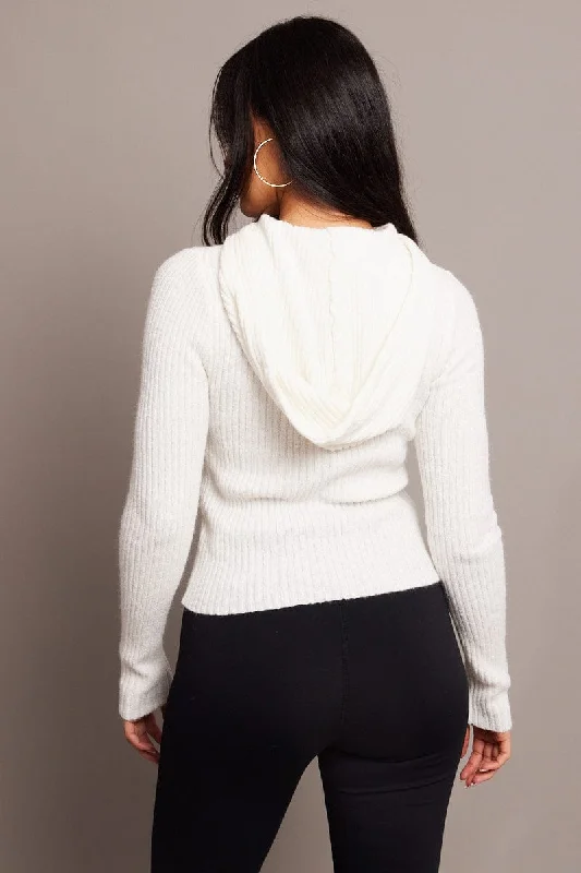 White Knit Top Long Sleeve Hoodie