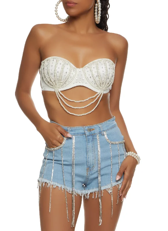 Rhinestone Faux Pearl Convertible Bustier Top