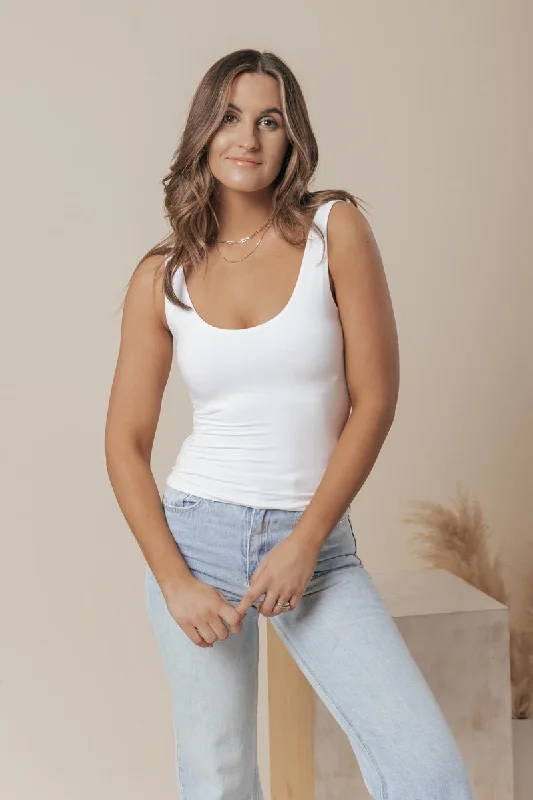 Scoop Neck Double Lined Jersey Tank - White