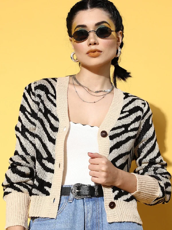 Women Beige Animal Print Front Open Wool Cardigan