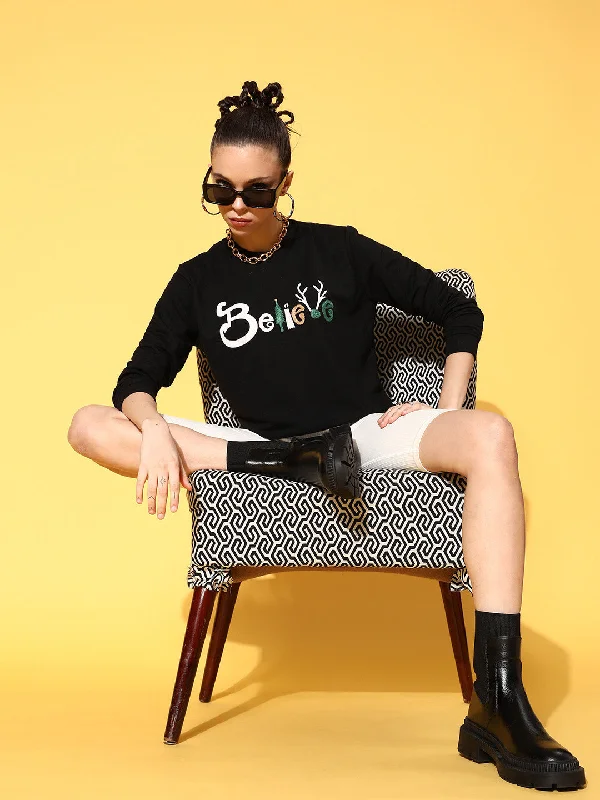 Women Black Terry BELIEVE Sweatshirt