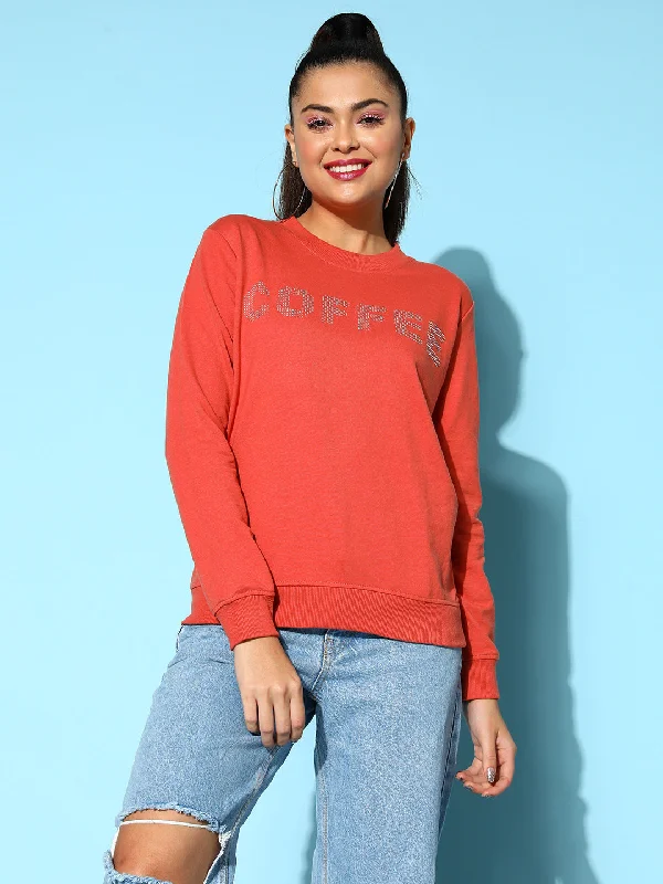 Women Coral COFFEE Studded Terry Sweatshirt