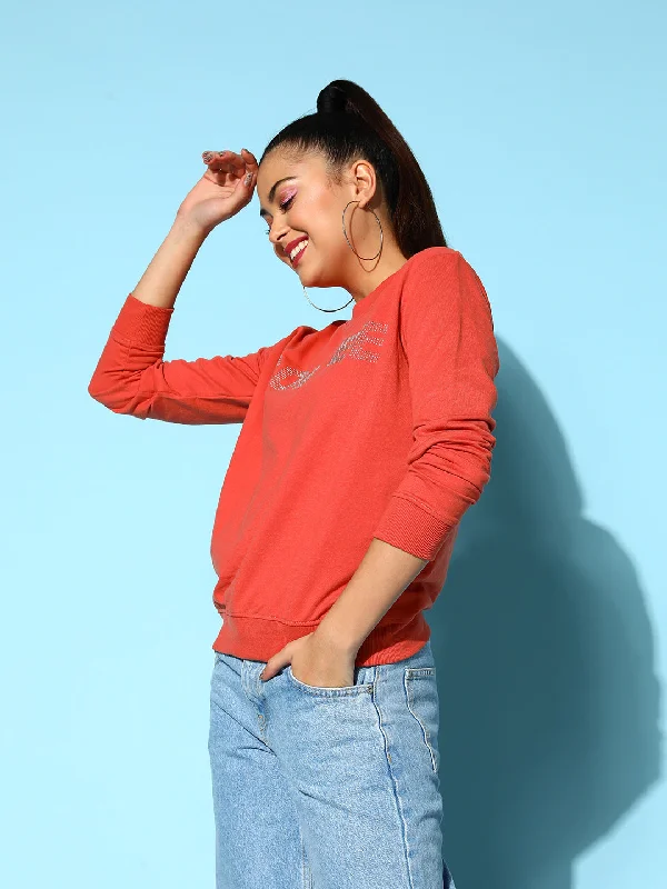 Women Coral COFFEE Studded Terry Sweatshirt