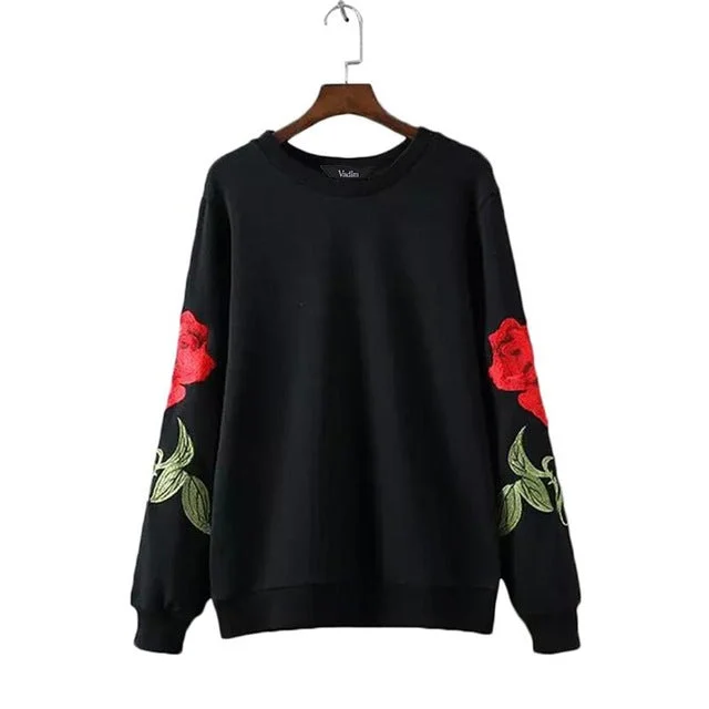 Women Embroidery floral black White sweatshirts long sleeve elegant warm winter pullover vintage O-neck casual tops SW901