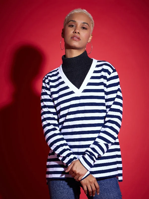 Women Navy & White Striped Sweater