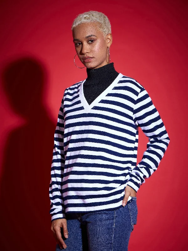 Women Navy & White Striped Sweater