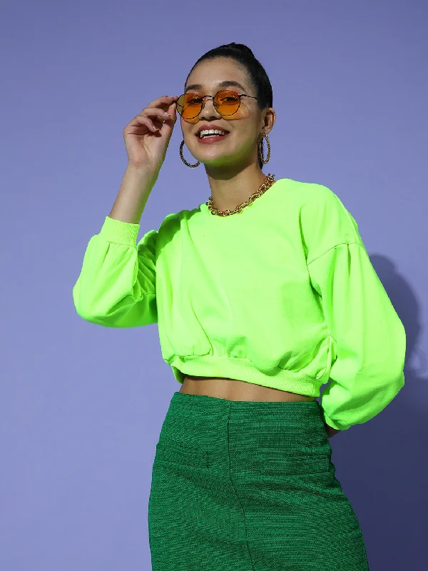 Women Neon Green V-Neck Crop Sweatshirt