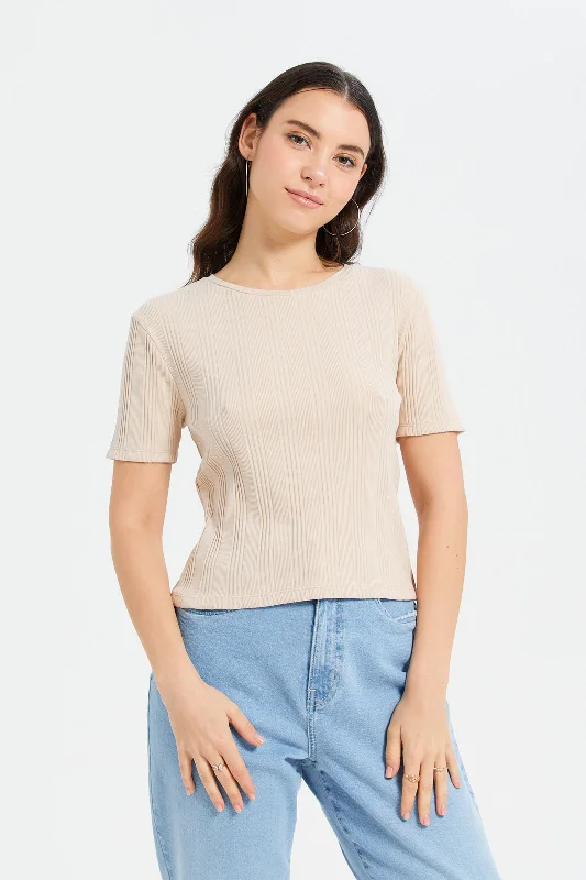 Women Beige Ribbed T-Shirt