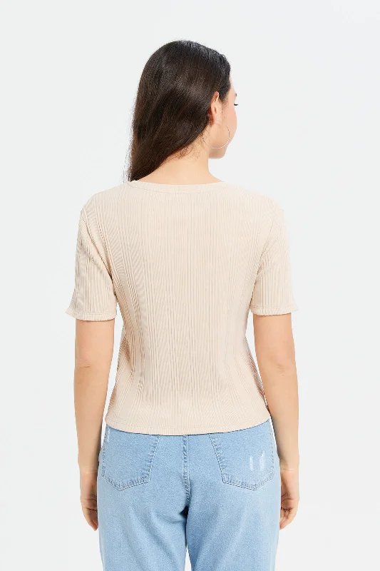 Women Beige Ribbed T-Shirt