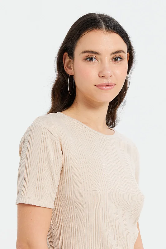 Women Beige Ribbed T-Shirt