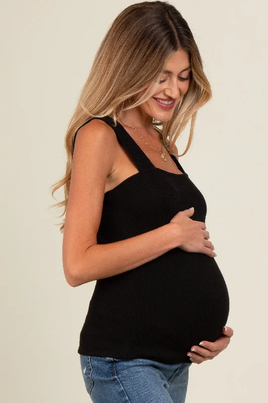 Black Ribbed Square Neck Maternity Tank Top