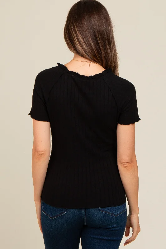 Black Ruffle Trim Ribbed Maternity Top