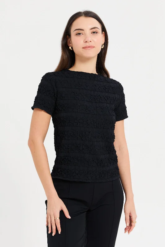 Women Black Textured T-Shirt