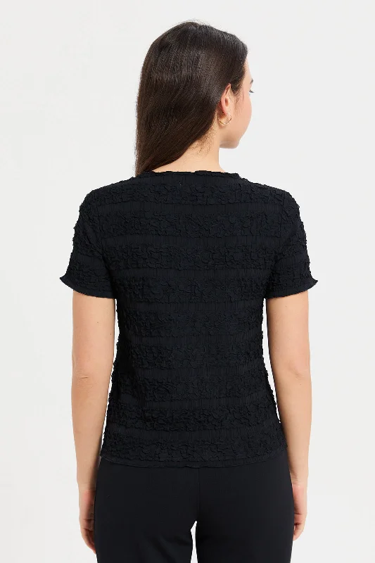 Women Black Textured T-Shirt