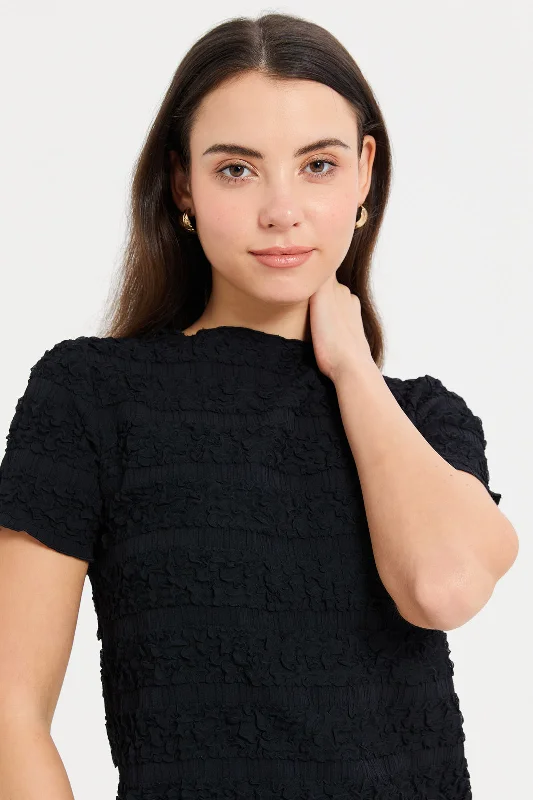 Women Black Textured T-Shirt