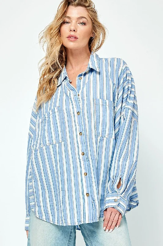 Blue Striped Front Pocket Maternity Shirt