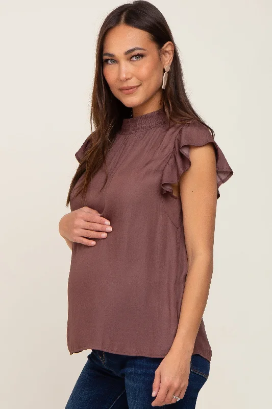 Brown Mock Neck Flutter Maternity Blouse