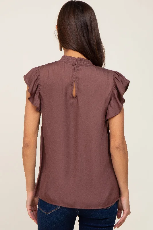 Brown Mock Neck Flutter Maternity Blouse