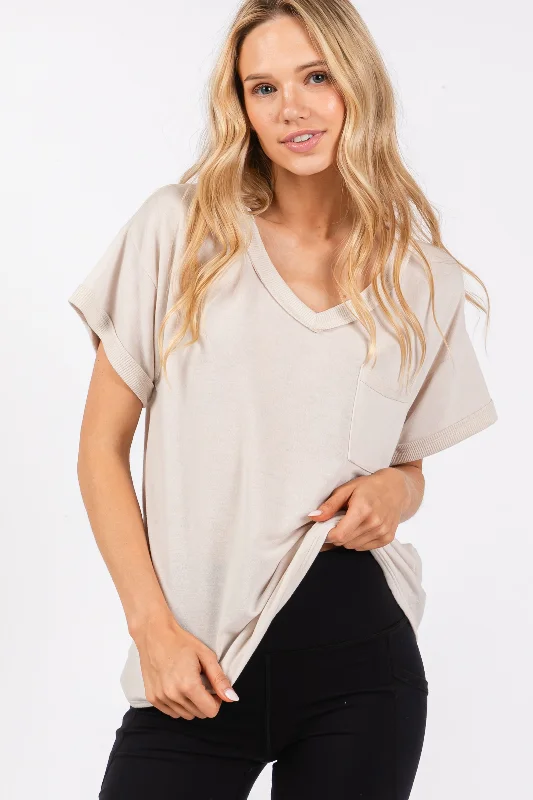 Cream Front Pocket Maternity Short Sleeve Top