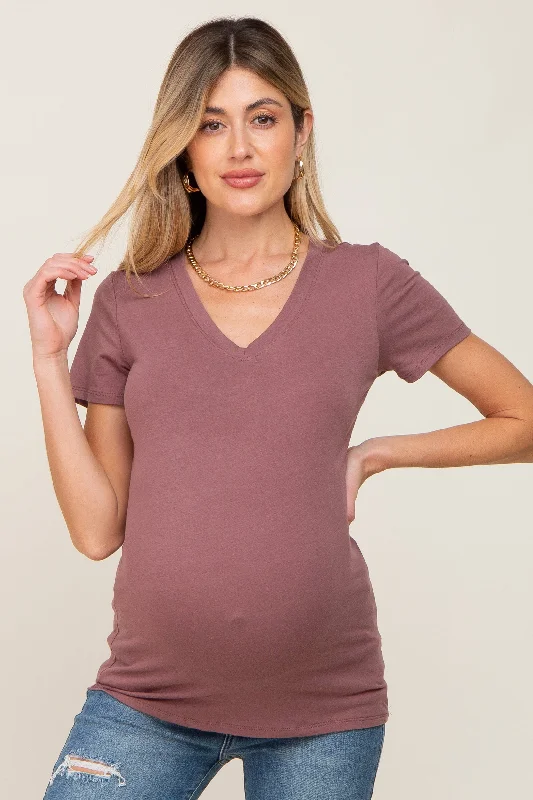 Dark Burgundy Basic V-Neck Maternity Tee