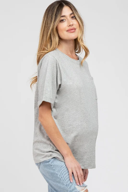 Heather Grey Oversized Pocket Front Short Sleeve Maternity Top