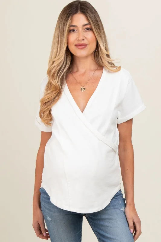 Ivory Wrap Short Sleeve Raw Hem Maternity Top