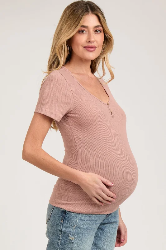 Mauve Ribbed Short Sleeve Button Maternity Top