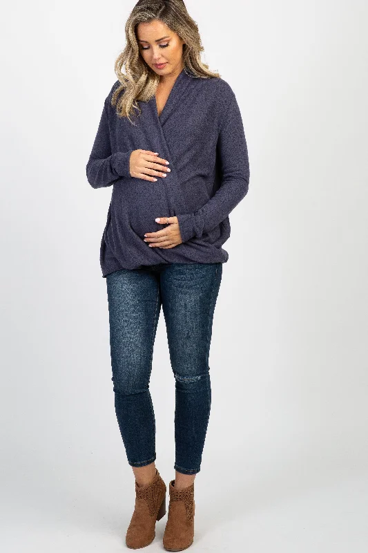 Navy Knit Draped Wrap V-Neck Maternity Nursing Top