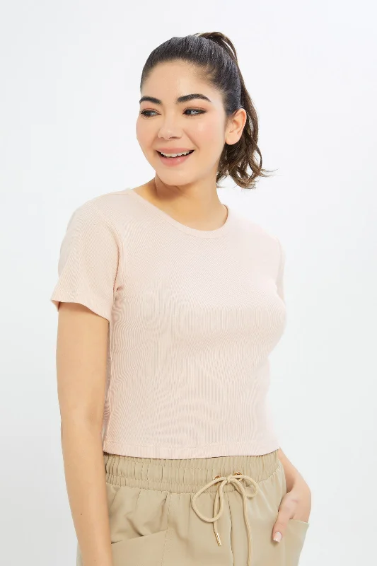 Women Pink Ribbed Cropped T-Shirt