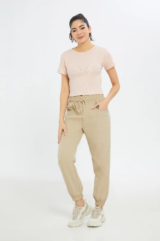 Women Pink Ribbed Cropped T-Shirt