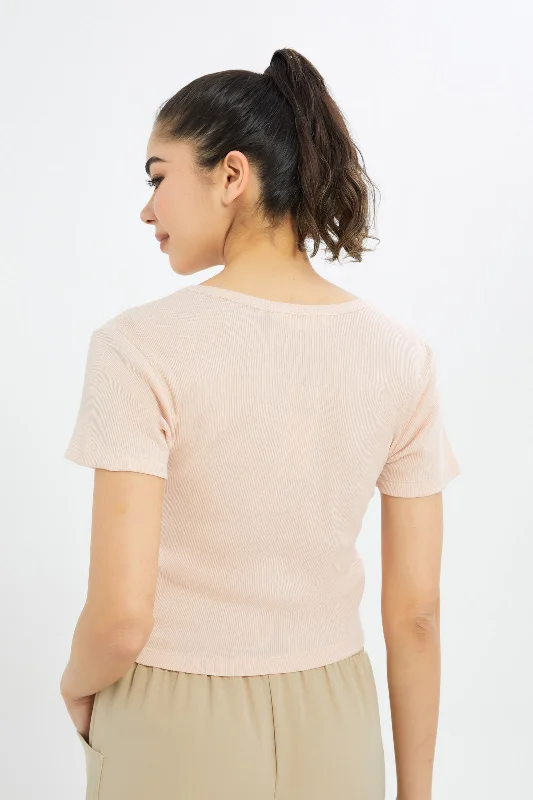 Women Pink Ribbed Cropped T-Shirt