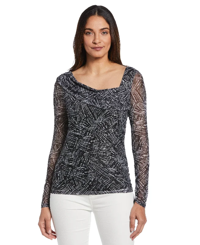 Petite Printed Asymmetrical Mesh Top