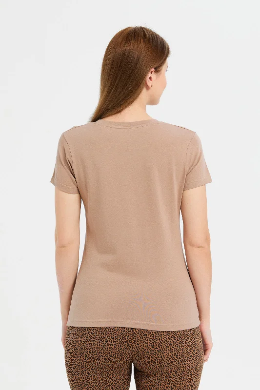 Women Plain Brown Short Sleeve V- Neck T-Shirt