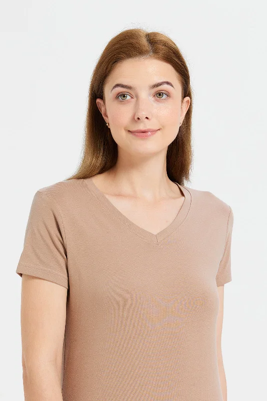 Women Plain Brown Short Sleeve V- Neck T-Shirt