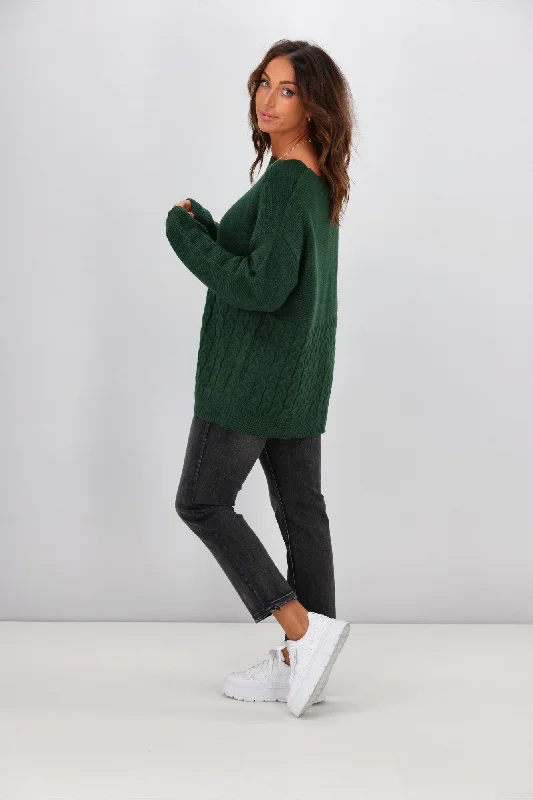 Shine On Label Maria Cable Detail Drop Shoulder Jumper Forest Green