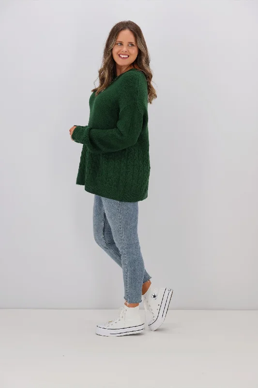 Shine On Label Maria Cable Detail Drop Shoulder Jumper Forest Green