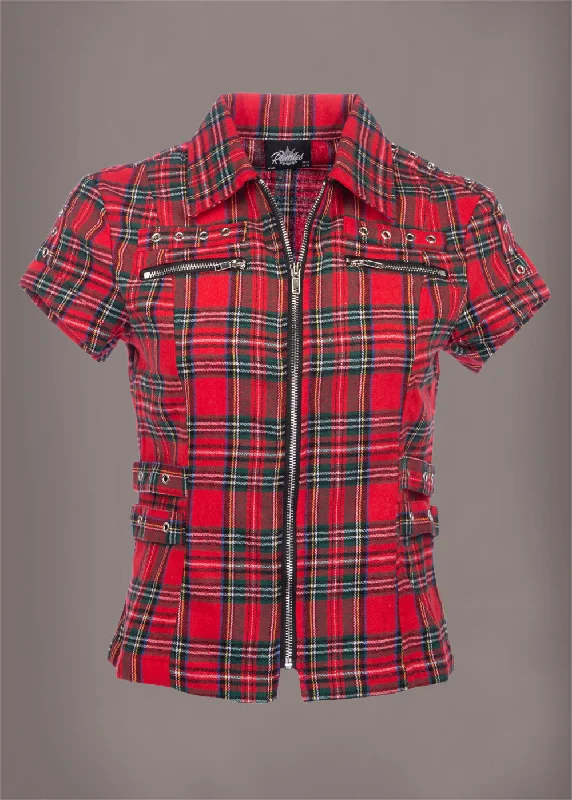 Short Sleeve Tartan Plaid Punk Shirt with Studs