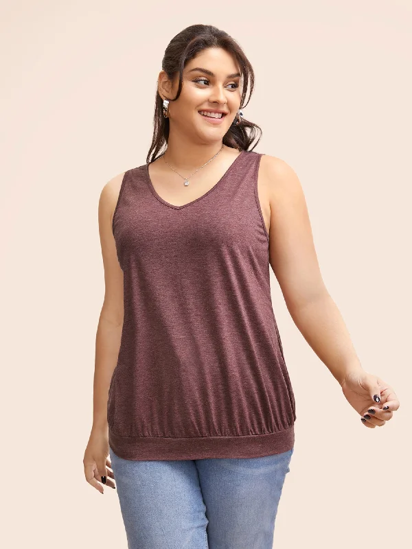 V Neck Solid Heather Gathered Tank Top