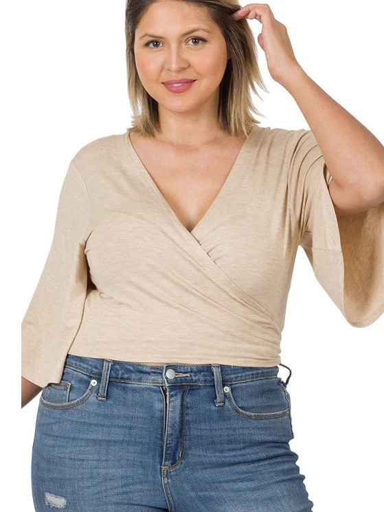 Vera Plus Size Cropped Wrap Cardigan in Heather Beige