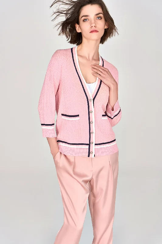 Pink Striped V-neck Cardigan