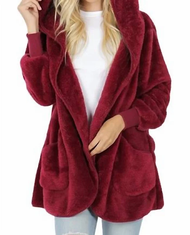 Boxy Hooded Cardigan In Cabernet