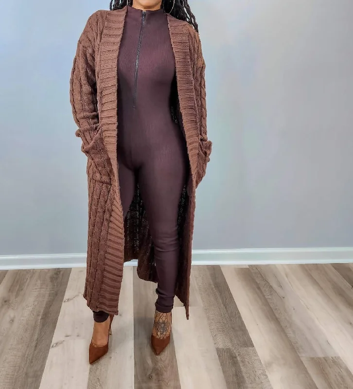 Chunky Cable Knit Cardigan Sweater In Brown