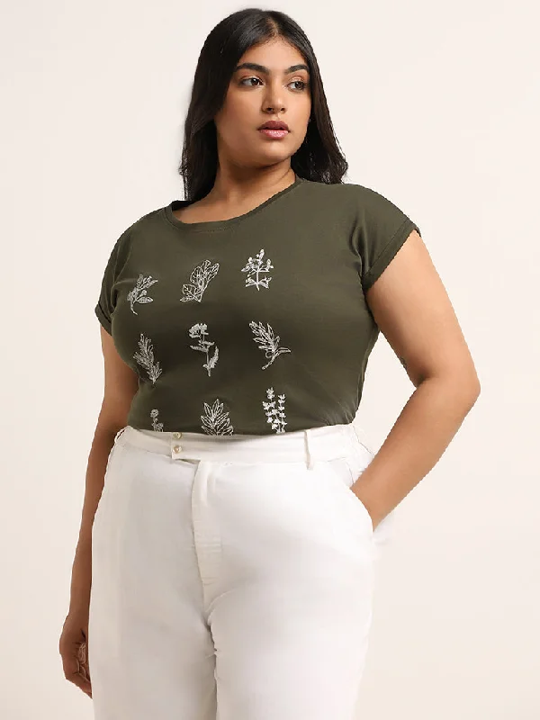 Gia Olive Green Printed Cotton T-Shirt