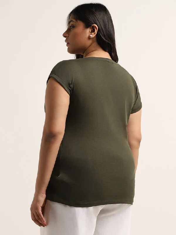 Gia Olive Green Printed Cotton T-Shirt