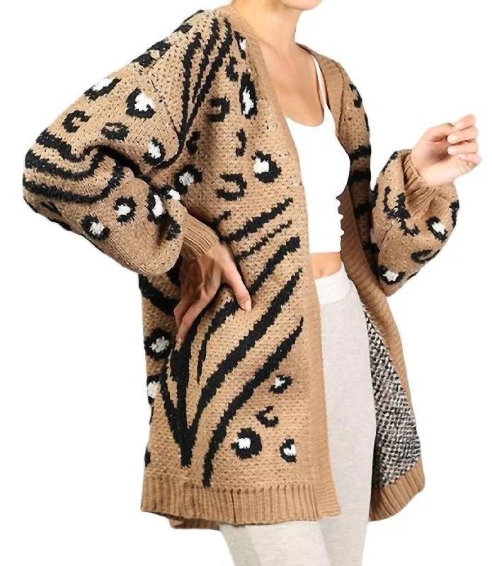 Kris Animal Print Open Front Cardigan In Mocha