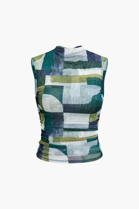 Abstract Geometric Print Sleeveless Mesh Tank Top