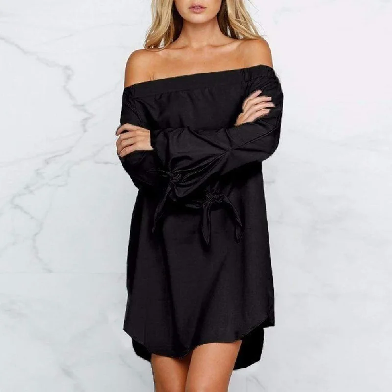 Summer Women Sexy Off-Shoulder Long Sleeve Casual Loose Mini Dress