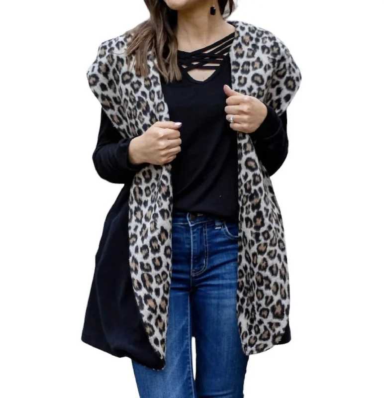 Warm & Together Vest Cardigan Hoodie In Black With Leopard