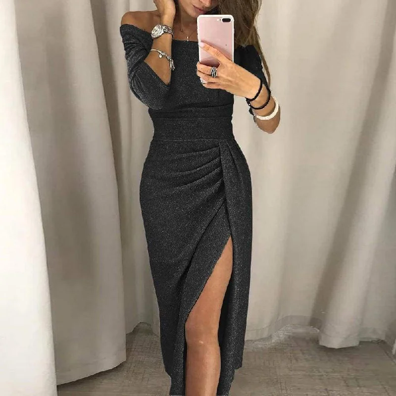 Women Off Shoulder High Slit Bodycon Dress Long Sleeve Dresses