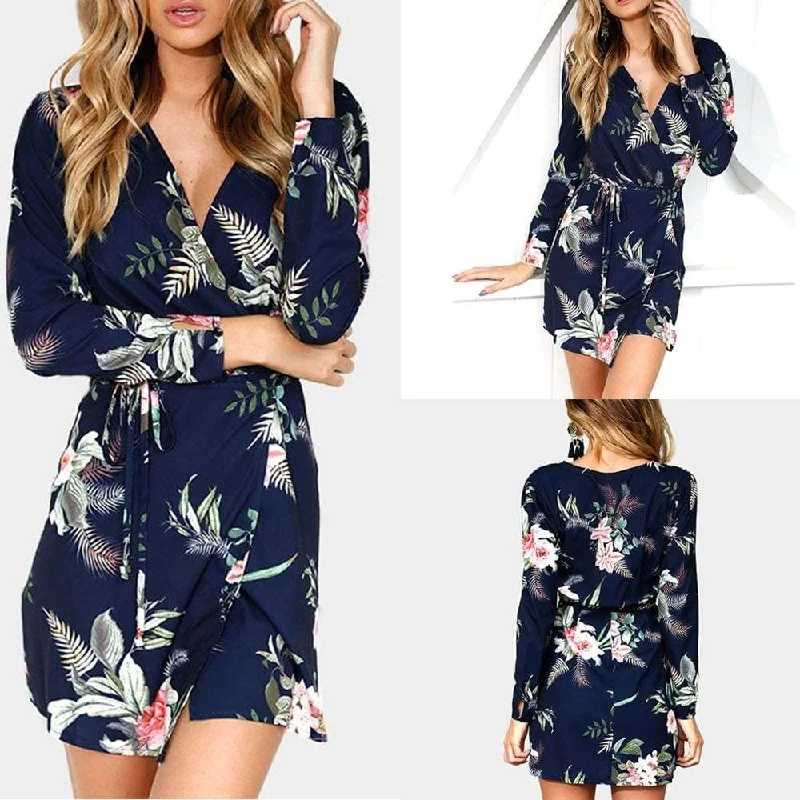 Women's Slit Floral Print V-neck Long Sleeves Dress